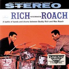 two men playing drums in front of an orange background with the words rich versus roach on it