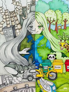 a drawing of a girl with long hair and green eyes in front of a landscape