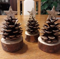 three small pine cones sitting on top of a wooden table