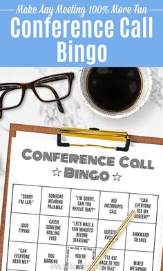 a conference call is shown on a clipboard next to a cup of coffee and eyeglasses