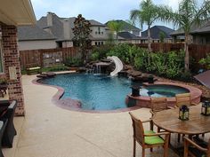 a backyard with a pool and patio furniture