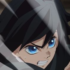 an anime character with blue eyes and black hair