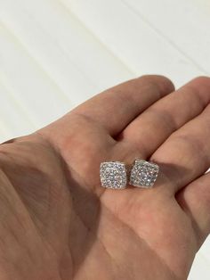 "Super Iced Out men's or women's square cluster stud earrings Solid 925 sterling silver! Wont turn your ears green! 2.5ct vvs man made diamonds. Cant tell difference from natural diamonds without a microscope Nice iced stones SUPER ICY...Must see in the sun! About 0.4\" (10mm) wide perfect medium size! Pair weighs around 3.5 grams Screw backs for a secure fit!" Sterling Silver Earrings With Pave Setting As A Gift, Sterling Silver Cluster Earrings With Pave Setting, Sterling Silver Sparkling Cluster Earrings For Gift, Sparkling Sterling Silver Cluster Earrings As Gift, Sparkling Sterling Silver White Gold Cluster Earrings, Sparkling Silver Sterling Silver Cluster Earrings, Silver Cube Earrings For Gifts, Square Diamond Studs, Square Diamond Earrings