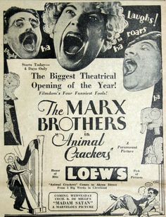 an old advertisement for the marx brothers and their animal crackers, with two screaming men