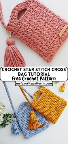 crochet star stitch cross - body bag pattern with tassels and handles