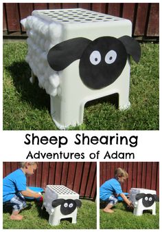 a kid playing with sheep shaped toy in the grass, and then using it to make an animal out of foam