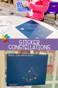 This fine motor sticker constellation activity is out of this world! When learning about Earth Day, you can also explore the planets, moon, and stars in the sky! 🌟 Learn more about this activity HERE!  #Prek #Preschool #Prekindergarten #Homeschool #Kindergarten Preschool Sky Activities, Moon And Stars Preschool Activities, Moon Lesson Plans Preschool, Space Craft Kindergarten, Night Sky Preschool Activities, Space Activity For Toddlers, Day And Night Toddler Activities, Galaxy Preschool Activities, Space Theme Crafts Preschool