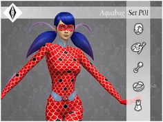 an animated character with blue hair and red bodysuit