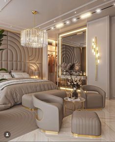 a bedroom with a bed, chair, mirror and chandelier in the corner