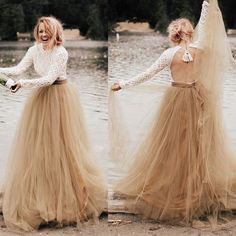 two pictures of a woman in a long skirt with her arms out and one holding a bouquet