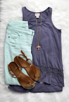 Mint skinny jeans and a gray-blue tank, pulled together with a pop of coral |www.pearlsandsportsbras.com| Stitch Fix Outfits, Best Outfits, Colored Pants, Casual Summer Outfits, Zip Sweater, Spring Summer Outfits, Outfits Casuales, Sweater Weather, Spring Outfit