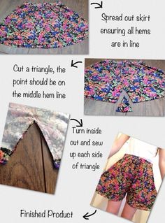 instructions to make shorts with fabric and buttons on the front, side, and back