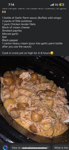 the crock pot is filled with potatoes and meat