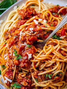 a plate of spaghetti with meat sauce and parmesan cheese on top, ready to be eaten