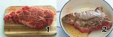 two pictures showing how to cook steak in a skillet