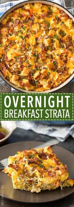 two different views of an omelet with the words overnight breakfast strata