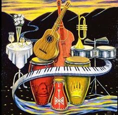 a painting of musical instruments and vases on top of a table with wine glasses