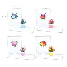 four greeting cards with flowers in vases sitting on top of each other, and the same card has been cut out