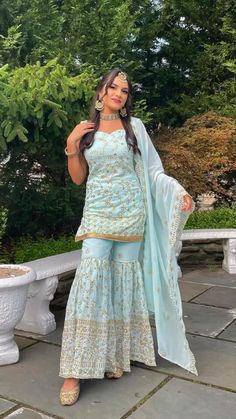 Sharara Jewellery Ideas, Light Blue Sharara Suit, Sky Blue Punjabi Suit, Sky Blue Suits Women Indian, Light Blue Sharara, Jaggo Outfit Punjabi, Blue Punjabi Suit, Blue Sharara Suit, Latest Fashion Blouse Designs