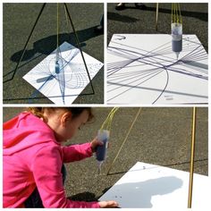 four different pictures show the process of creating an object with wire and plastic bottles on it