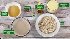 ingredients to make an oatmeal smoothie laid out on a wooden table