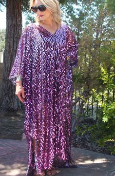 Made to order...Purple Sequin Caftan DressLarge iridescent round sequinBlack Sheer lightweight fabricOversized kimono style sleevesOne Size Fits MeasurementsWidth: 46" (armpit to armpit)Total Length : 50-58" Please allow me 2-3 business days to make the item prior to shipping. Sequin Caftan, Oversized Kimono, Kimono Maxi Dress, Caftan Dress, Kimono Style, Kimono Fashion, Dress First, Hand Washing, Lightweight Fabric