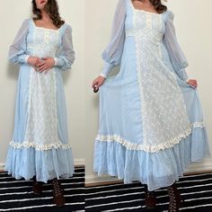 Vintage Gunne Sax Maxi Dress Circa 1970's Baby Blue Cotton Gauze With White Lace Details. Sheer At Sleeves, Buttons At Cuffs. Squared Neckline With Ruffle Trim And Pearl Buttons. Full Length With Lining Under Sheer Cotton. Zip Closure Down Back. Amazing Vintage Condition, Structurally Sound. Two Small Lighter Stains To Upper Left Bust, Loose Underarm Seam. Best Fit Size 4 Bust Flat 17” Waist Flat 14.5” Sleeve Length 20” Full Length 57” Reasonable Offers Always Welcome!! Vintage Gunne Sax Dress, Sax Dress, Gunne Sax Dress, 1970s Dresses, Gunne Sax, Pearl Buttons, Dress Clothes For Women, Cottage Core, Ruffle Trim