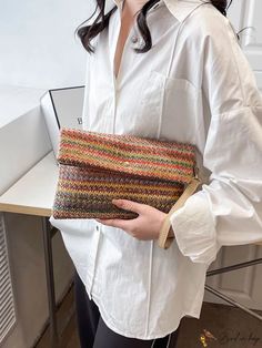 BirdinBag - Colorblock Striped Flap Straw Bag with Stylish Pattern Bag Bag, Square Bag, Straw Bag, Color Blocking, Straw, Size Medium, Zipper, Square, Pattern