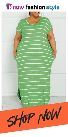 Green Fashion Casual Plus Size Striped Print Basic O Neck Short Sleeve Dress Casual Plus Size Outfits, Striped Print Dresses, Plus Size Fashion For Women, Plus Size Pants, Current Fashion Trends, Curvy Outfits, Plus Dresses, Short Sleeve Dress, Plus Size Dress