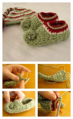 crocheted slippers are being worked on with yarn