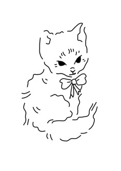 a black and white drawing of a cat with a bow around its neck, sitting down