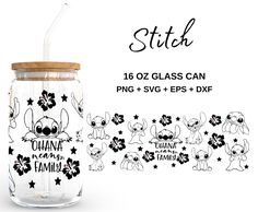 a glass mason jar with the words stitch on it and an image of cartoon characters