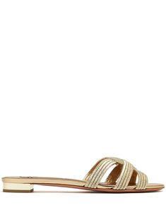 gold-tone leather metallic finish braid detailing slip-on style branded insole round open toe flat sole Texas Summer, Chanel 2, Loafer Mules, Iconic Bags, Demi Fine Jewelry, Fine Watches, Summer Beach Wear, Fine Earrings, Ballet Flat Shoes