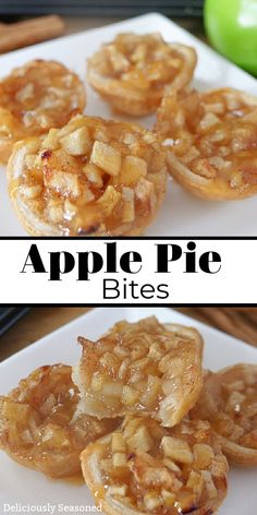 apple pie bites on a white plate with apples in the background and an apple next to it