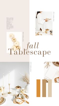 an article about fall tablescape with gold and white accessories, candles, and napkins