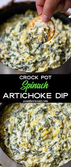 spinach artichoke dip in a skillet with a spoon scooping out