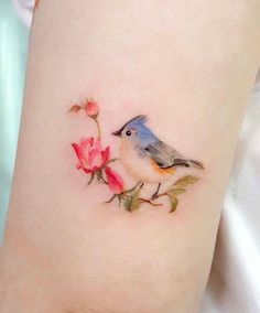 a small blue bird sitting on top of a pink flower