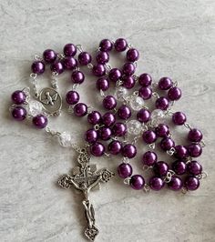 Handcrafted Royal Purple and Silver Rosary. - Etsy Love Blessings, Pray The Rosary, Silver Rosary, Plant City, Decade Rosary, Pearl Rosary, Praying The Rosary, Purple And Silver, Purple Pearl