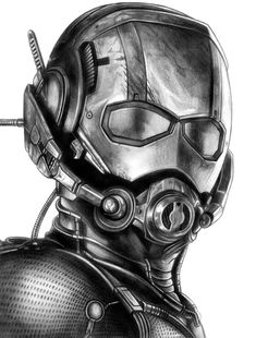 a black and white drawing of a man in a suit with goggles on his head