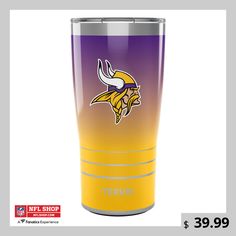 the nfl tumbler cup is purple and yellow with a minnesota football logo on it