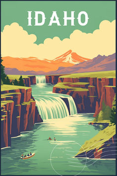 an image of a poster with the name idaho in front of a river and mountains