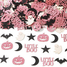 pink and black glitter halloween cutouts with bats, ghostes, stars and moon