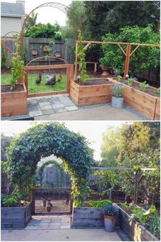 an outdoor garden with wooden planters and trelliss on the sides, in front of