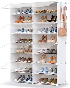 a white shoe rack filled with lots of shoes