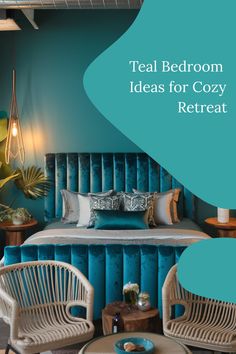 Teal bedroom with plush velvet bed and rattan chairs, creating a cozy retreat. Teal And Green Bedroom, Teal Bedroom Ideas, Ensuite Bathroom Designs, Modern Bedroom Colors