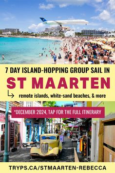 an advertisement for st maarten's upcoming event with images of people on the beach