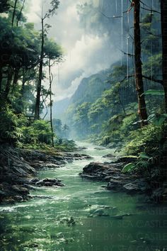 a painting of a river running through a lush green forest with rain falling from the sky