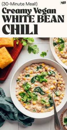 two bowls of creamy vegan white bean chili