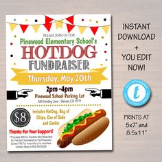 EDITABLE Hotdog Fundraiser Flyer, Printable PTA, PTO, School Church Popcorn Fundraiser Event, Team Sports Charity Printable Digital Invite Hot Dog Fundraiser, Popcorn Fundraiser, Dog Fundraiser, Fundraiser Flyer, Fundraising Tips