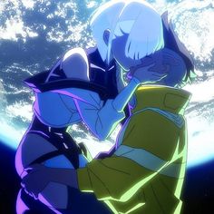 two anime characters hugging each other in front of the earth